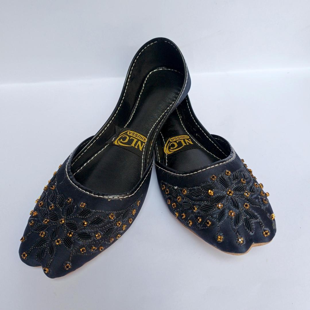 Black Women's Khussas with Beaded Embroidery & Synthetic Leather