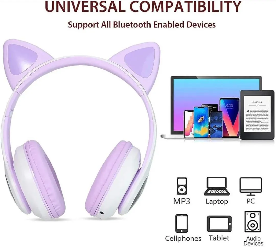 Cat Ear Bluetooth Headphones Pink with LED Lights