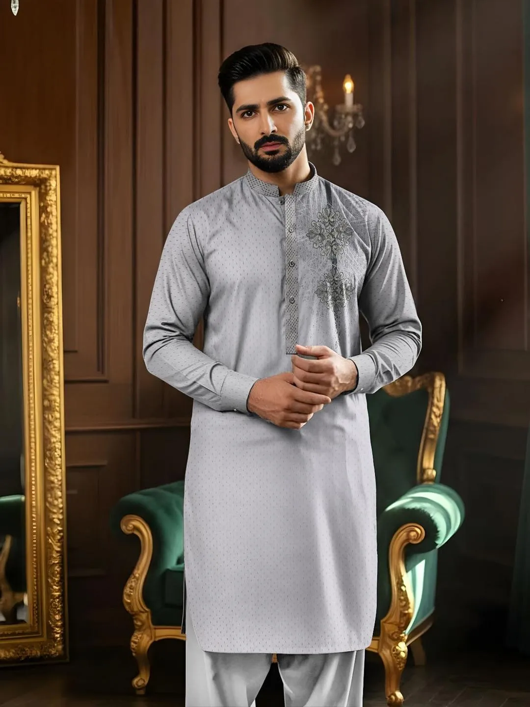 Men’s Unstitched Cotton Embroidered Suit - Perfect for Weddings & Eid
